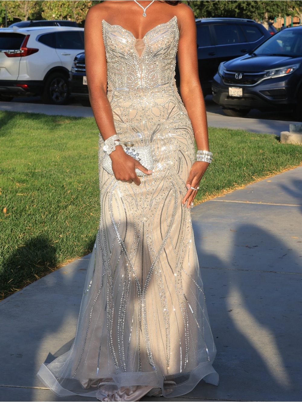 Elegant Beaded Strapless Evening Gown in Champagne